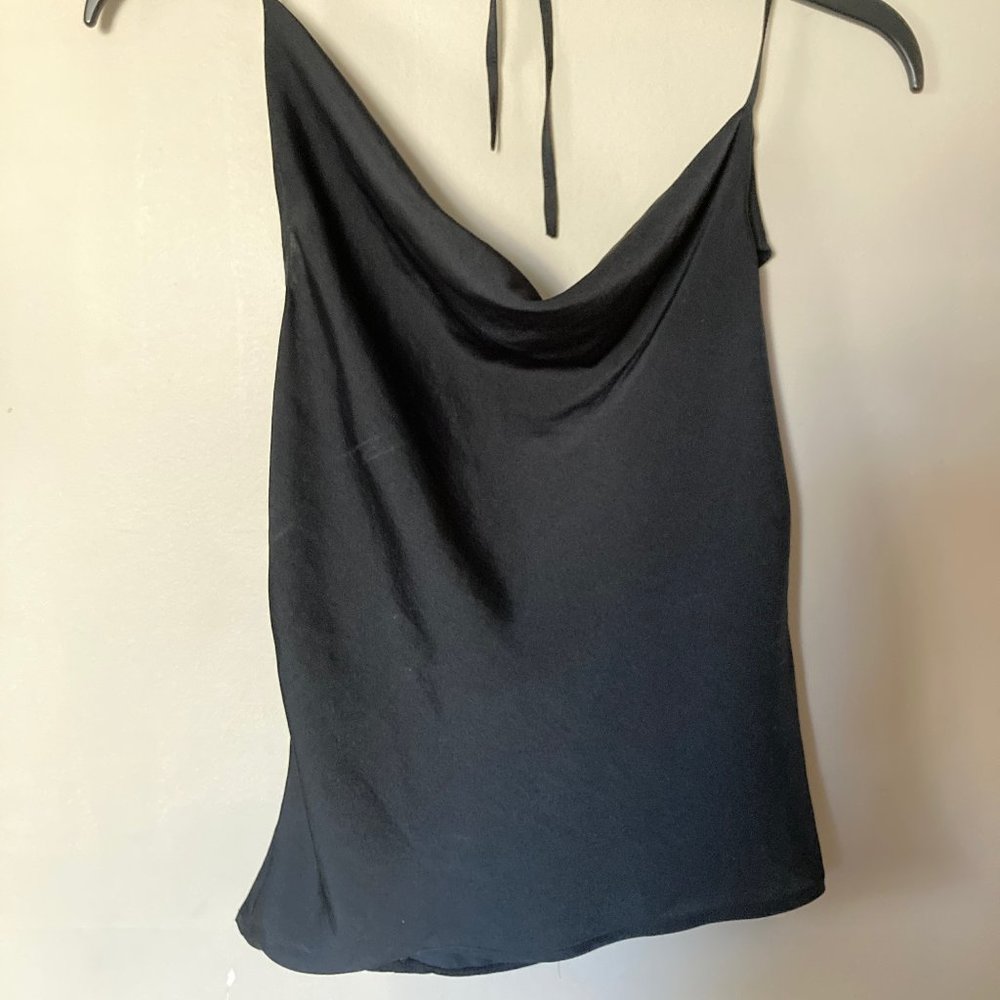 Pretty black silk cowl-neck halter top